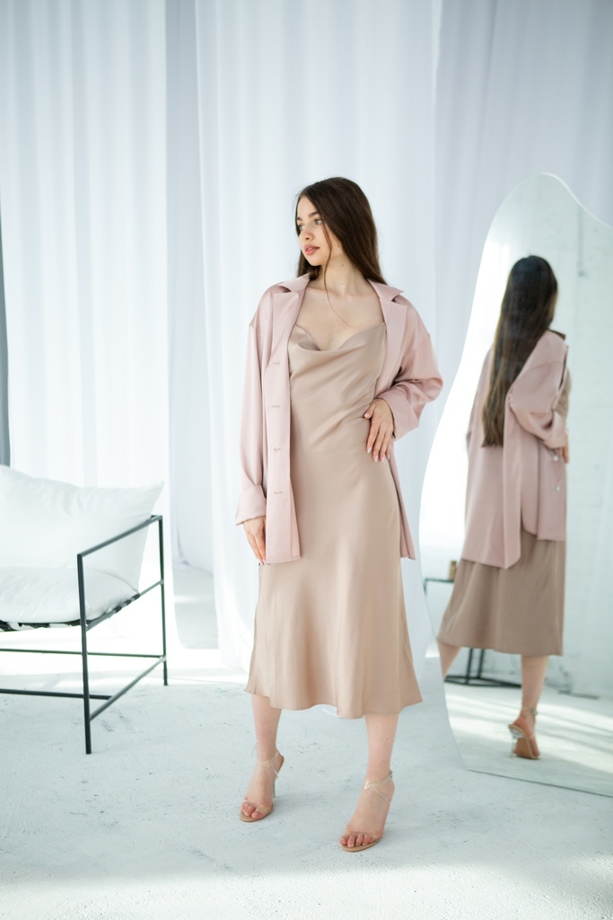 Iren Beige Silk Midi Slip Dress