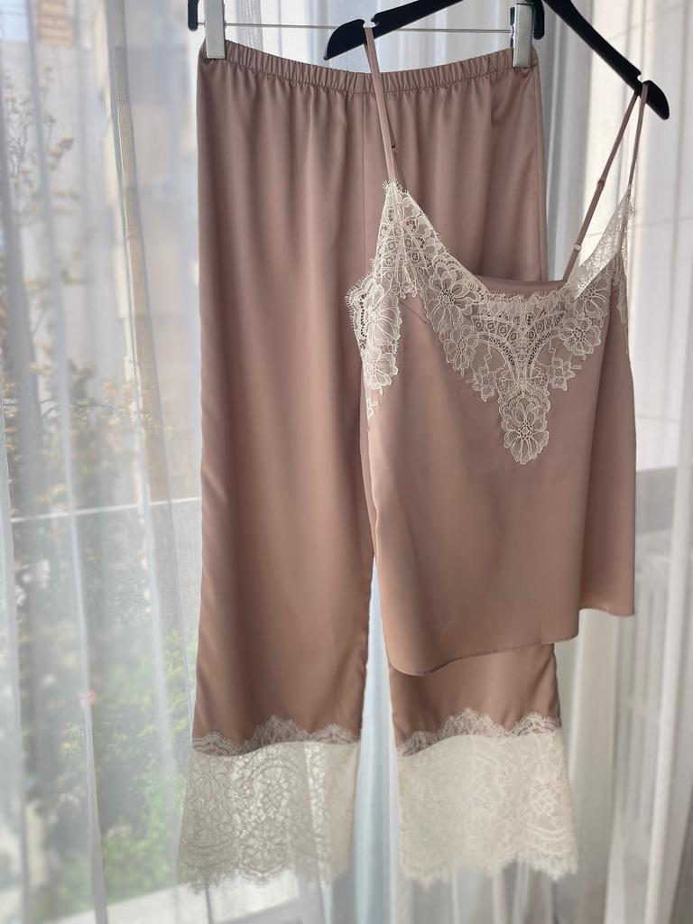 Angelika Mocha Mousse Silk Pajama Set with Lace