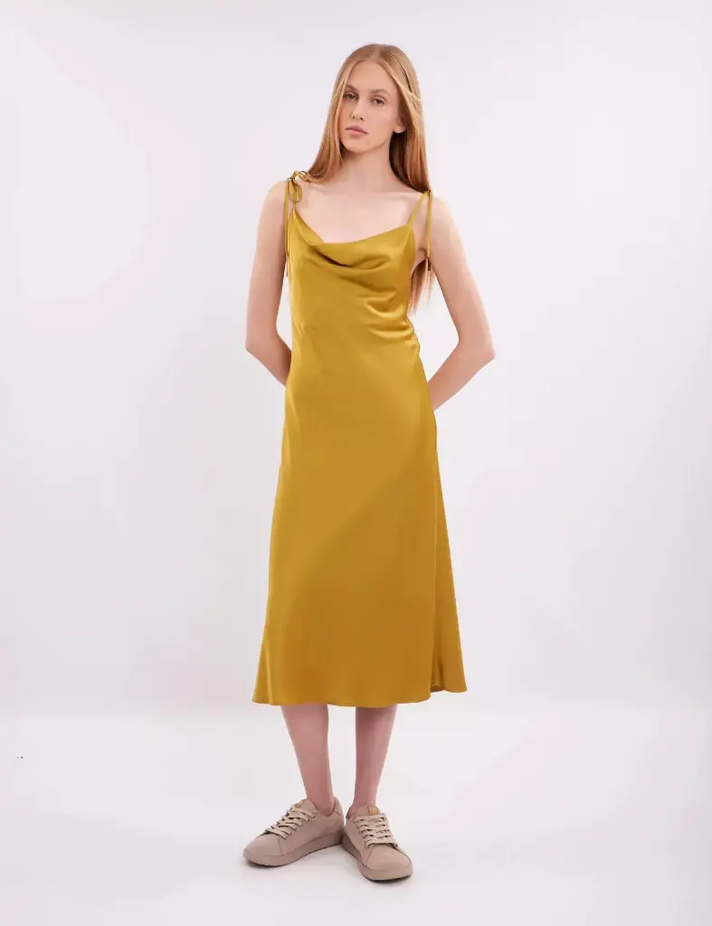 Iren Gold Mustard Silk Midi Slip Dress