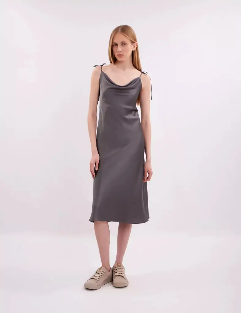 Iren Dark Grey Silk Midi Slip Dress