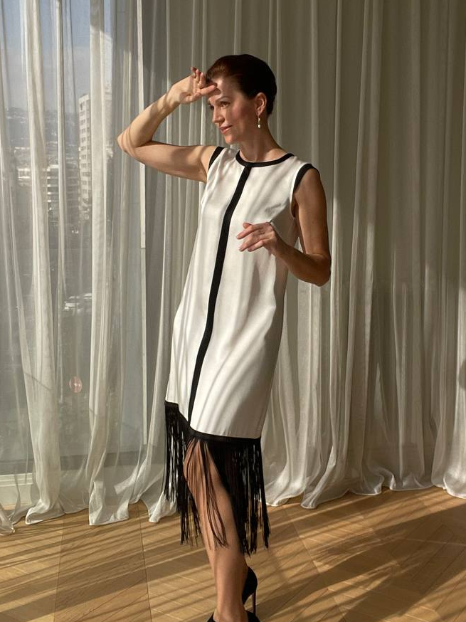 Coco Black & White Silk Cocktail Dress with Fringe Hem Design