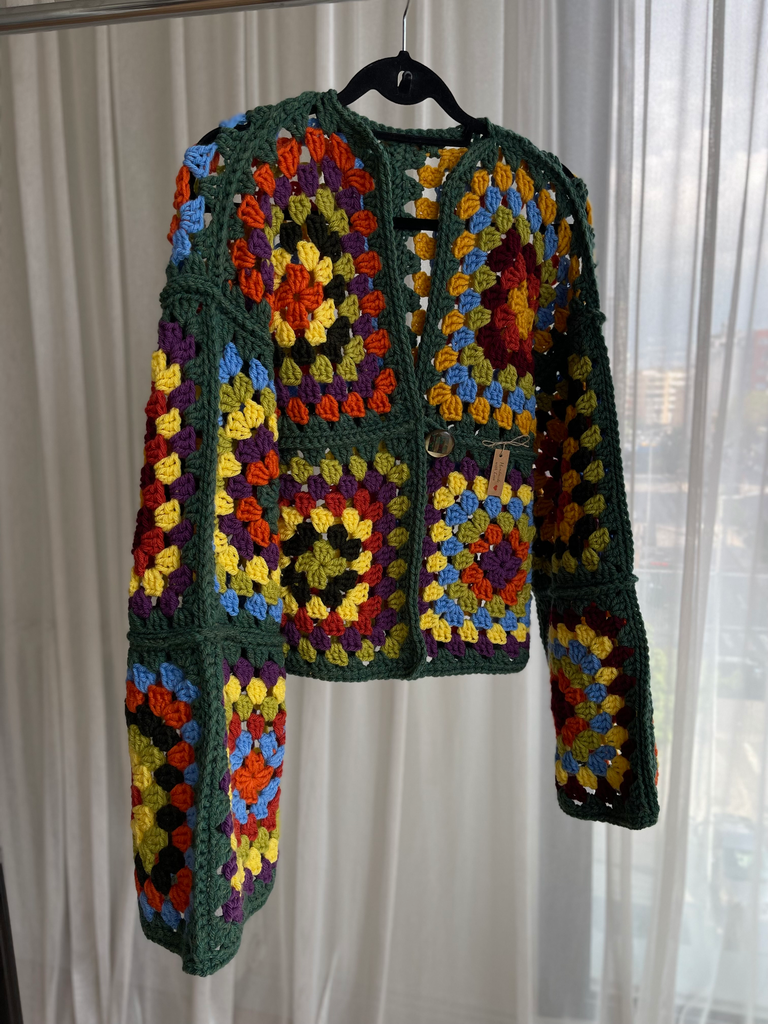 Handmade Crochet Colorful Granny Square Cardigan Green 
