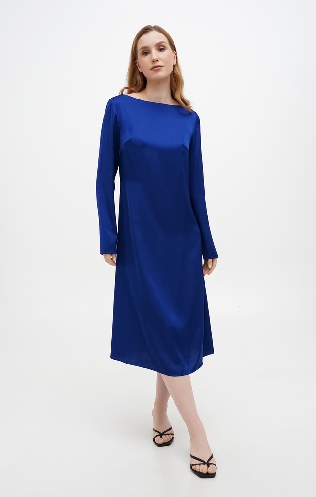 Gitta Blue Silk Midi Dress with Long Sleeves
