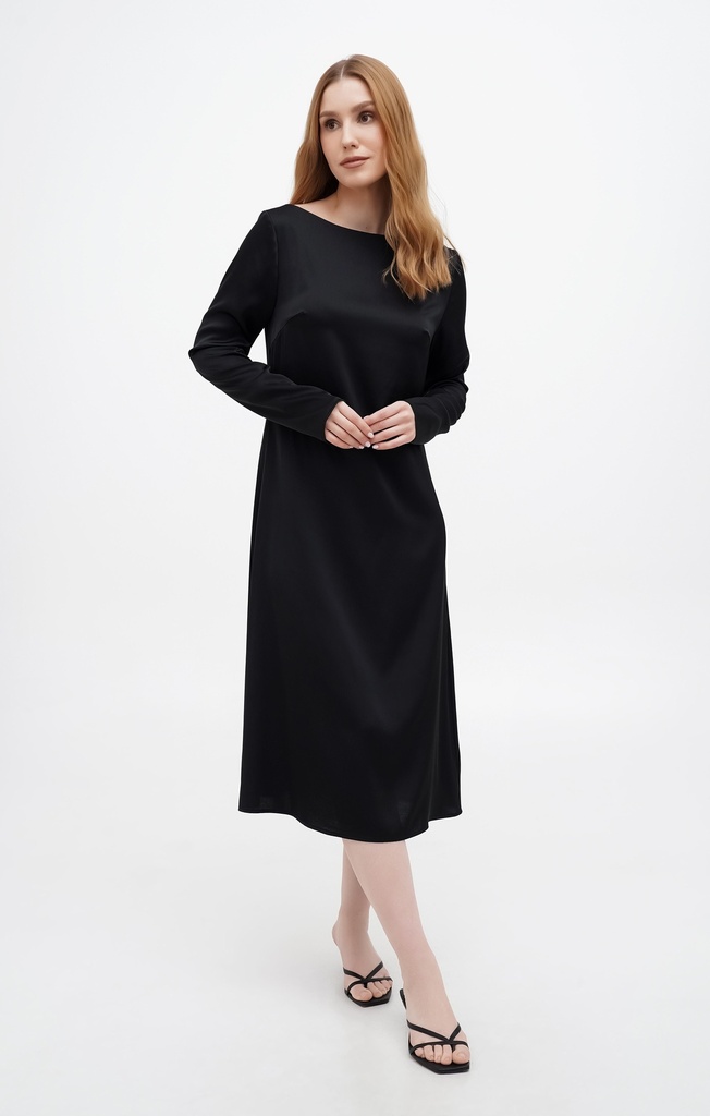 Gitta Black Silk Midi Dress with Long Sleeves