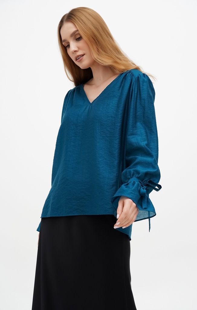 Jessica Teal Chiffon Blouse With Ruffle Sleeves
