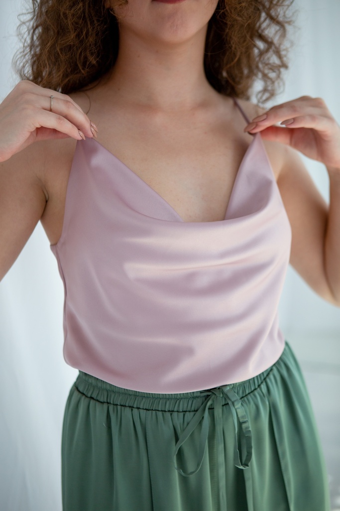 Iren Powder Pink Silk Cowl Neck Tank Top