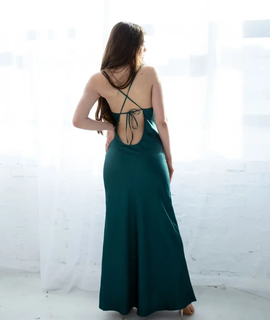 Daisy Green Silk Maxi Dress with Low Back 