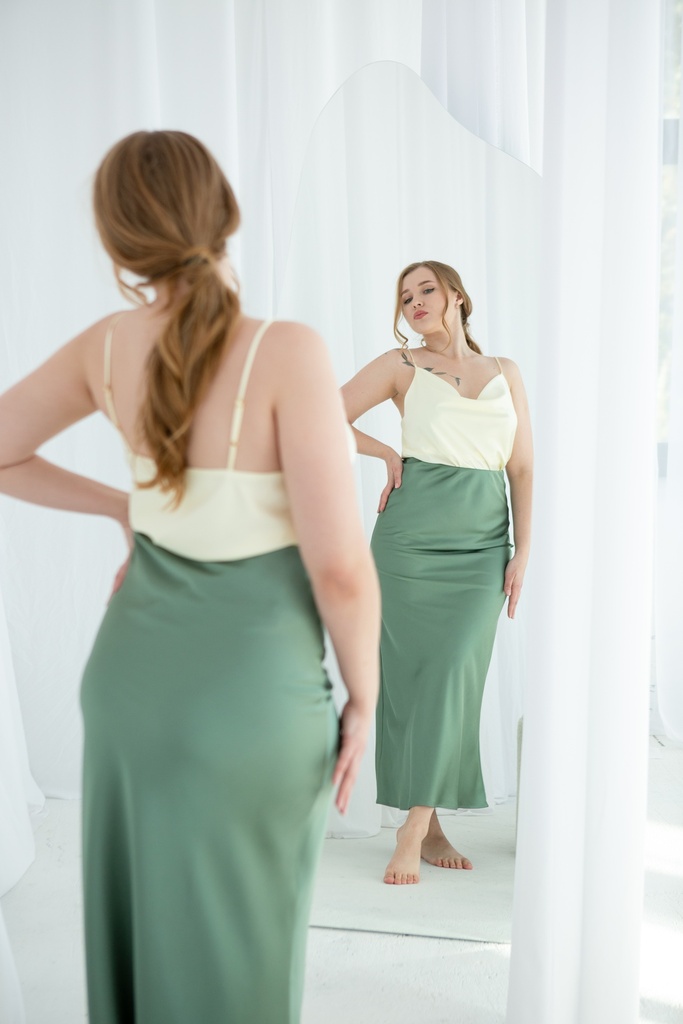Kira Olive Green Silk Maxi Skirt