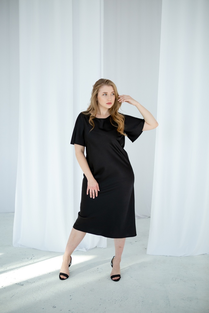 Lauren Black Silk Midi Dress with Ruffle Sleeves