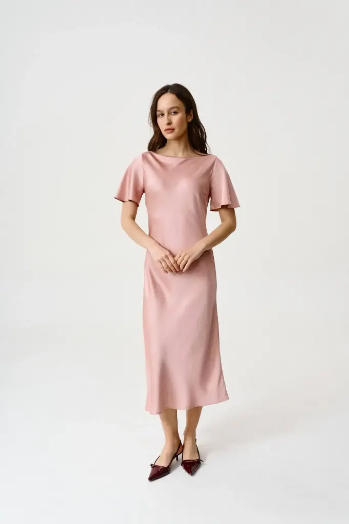 Lauren Powder Pink Silk Midi Dress with Ruffle Sleeves