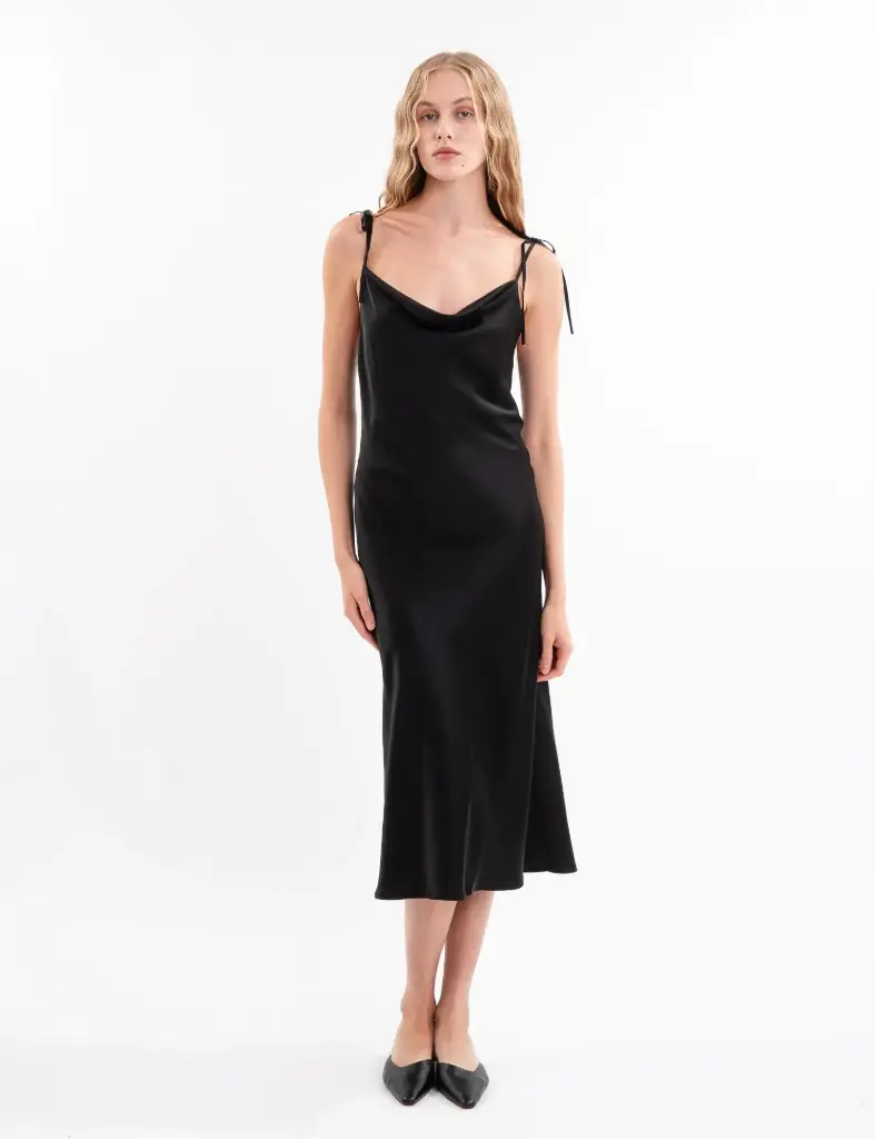 Iren Black Silk Midi Slip Dress