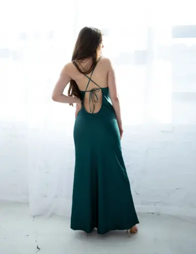 Daisy Green Silk Maxi Dress with Low Back 