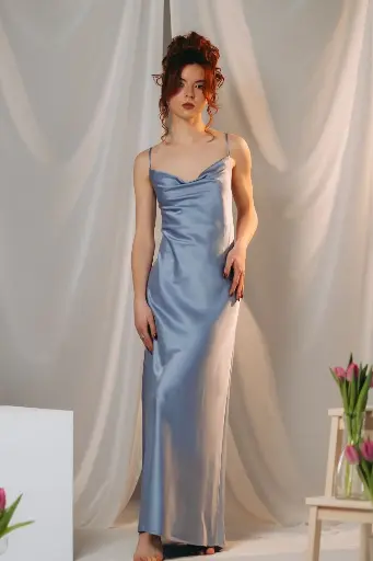 Daisy Dusty Blue Silk Maxi Dress with Low Back