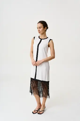 Coco Black & White Silk Cocktail Dress with Fringe Hem 