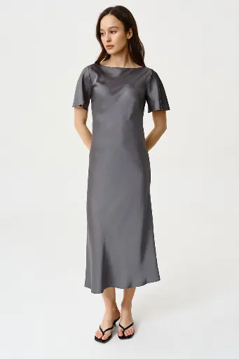 Lauren Graphite Midi Dress with Ruffle Sleeves